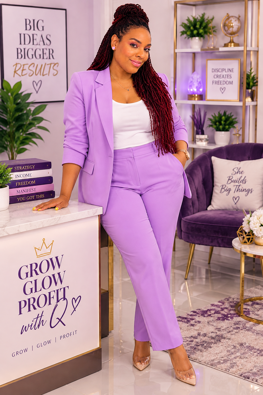 Q in a lavender suit in the Grow Glow Profit studio