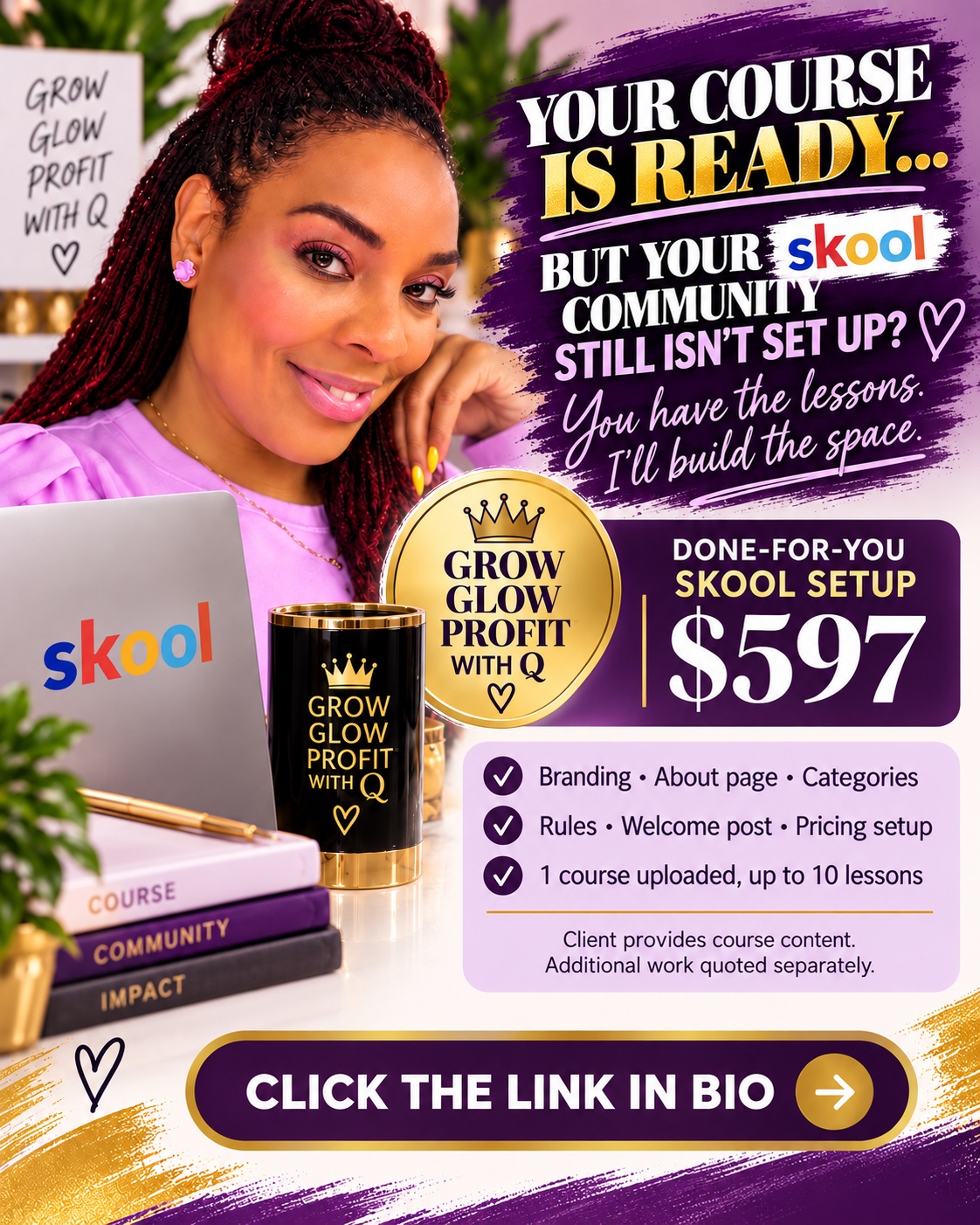 Done-for-You Skool Setup promotional image featuring Q and the $595 offer