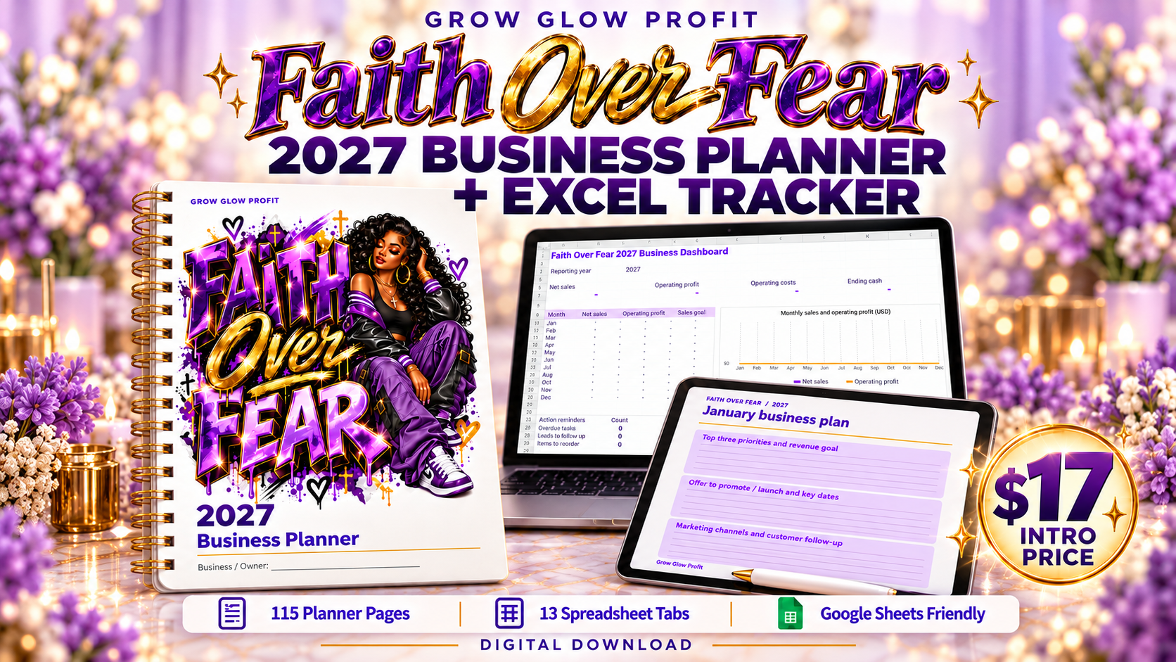 Faith Over Fear 2027 Business Planner and Excel Tracker bundle showing the planner cover, dashboard, and monthly planning page