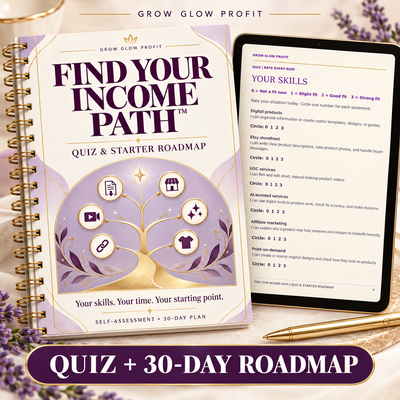 Find Your Income Path quiz and starter roadmap workbook beside a tablet, styled in lavender, cream, and gold