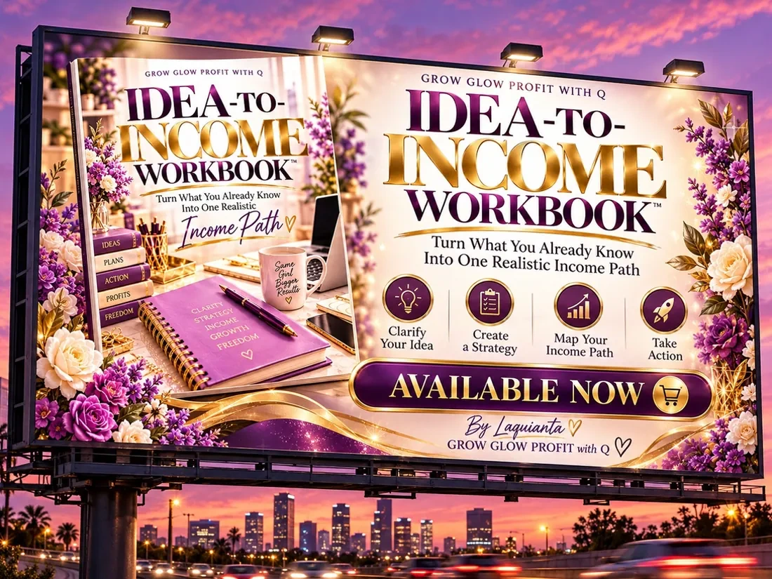 Idea-to-Income Workbook — Turn What You Already Know Into One Realistic Income Path. Clarify Your Idea, Create a Strategy, Map Your Income Path, Take Action. Available Now. By Laquianta, Grow Glow Profit with Q.