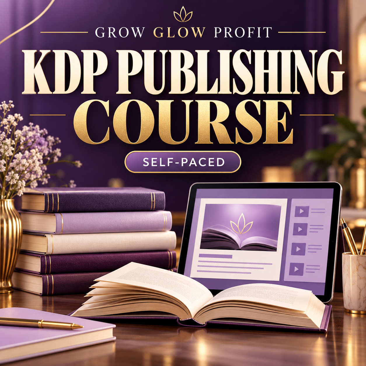 Grow Glow Profit self-paced KDP Publishing Course in purple, cream, and gold