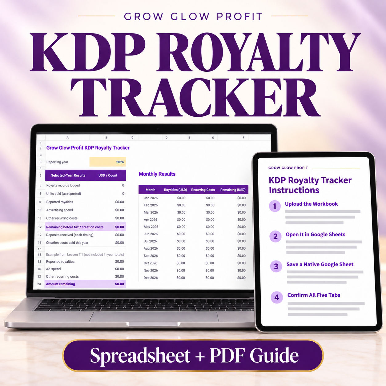 Grow Glow Profit KDP Royalty Tracker spreadsheet dashboard on a laptop with its PDF instruction guide on a tablet