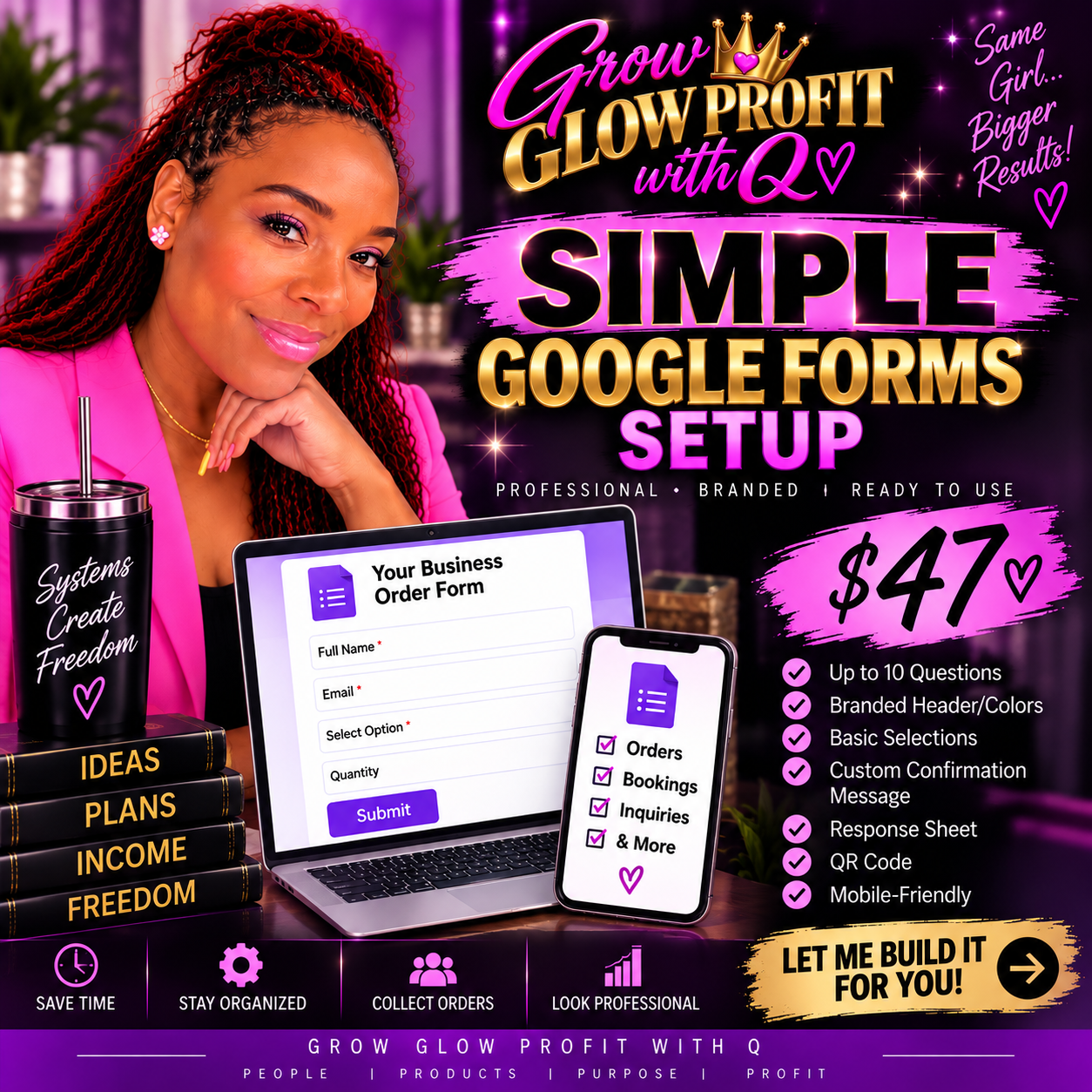 Simple Google Form Setup promotional graphic featuring Q and the 47 dollar offer